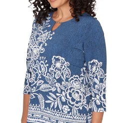 Alfred Dunner Floral Border Embroidered Split Neck Top, Petite