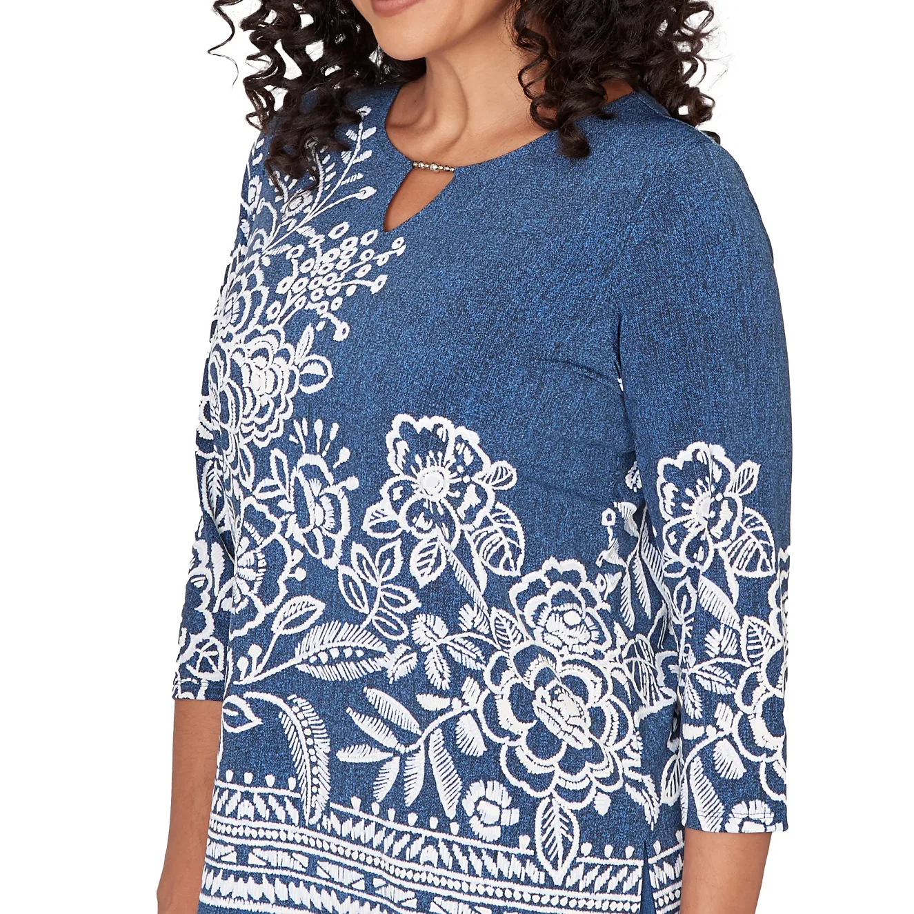Alfred Dunner Floral Border Embroidered Split Neck Top, Petite