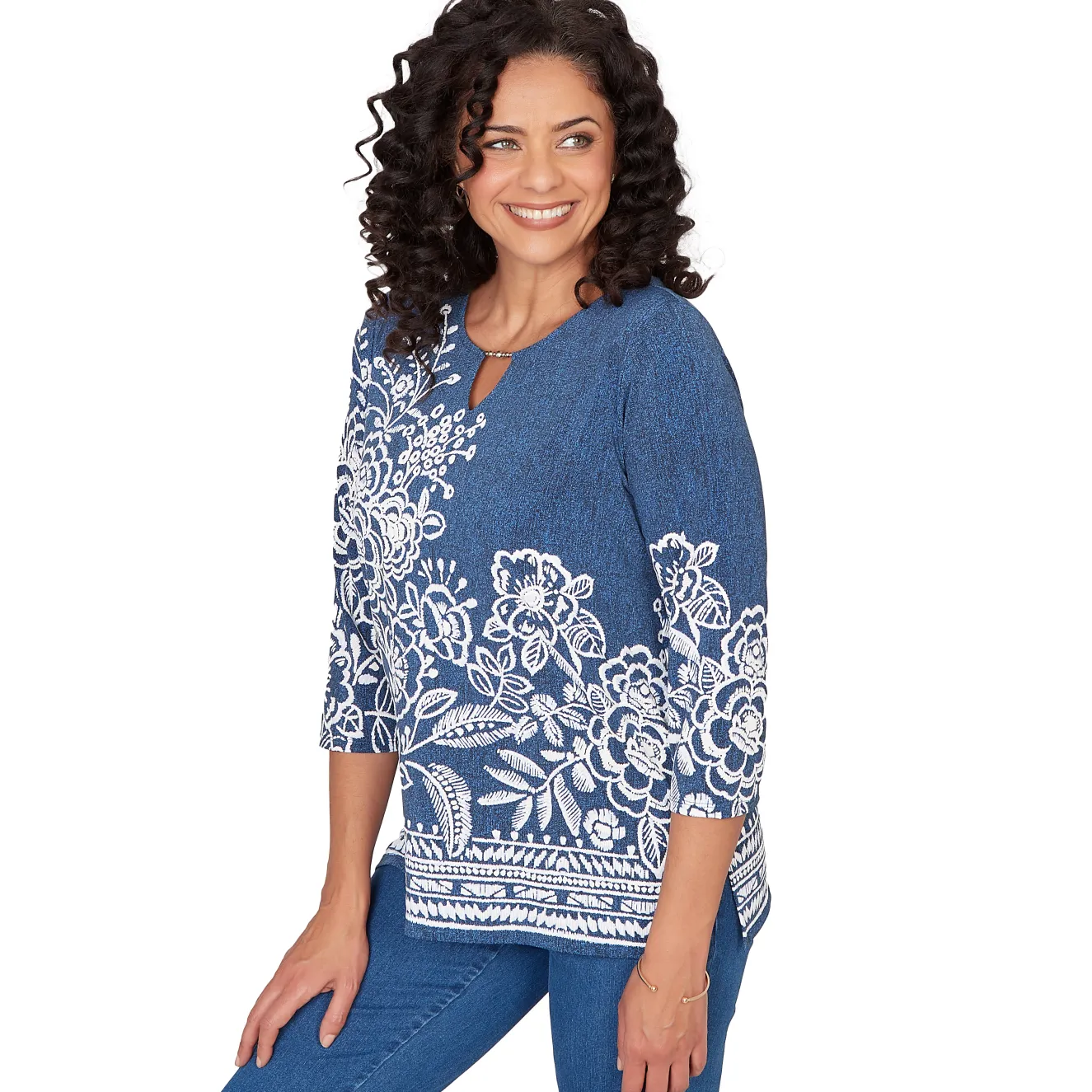 Alfred Dunner Floral Border Embroidered Split Neck Top, Petite