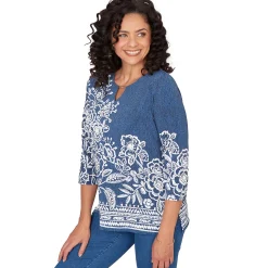 Alfred Dunner Floral Border Embroidered Split Neck Top