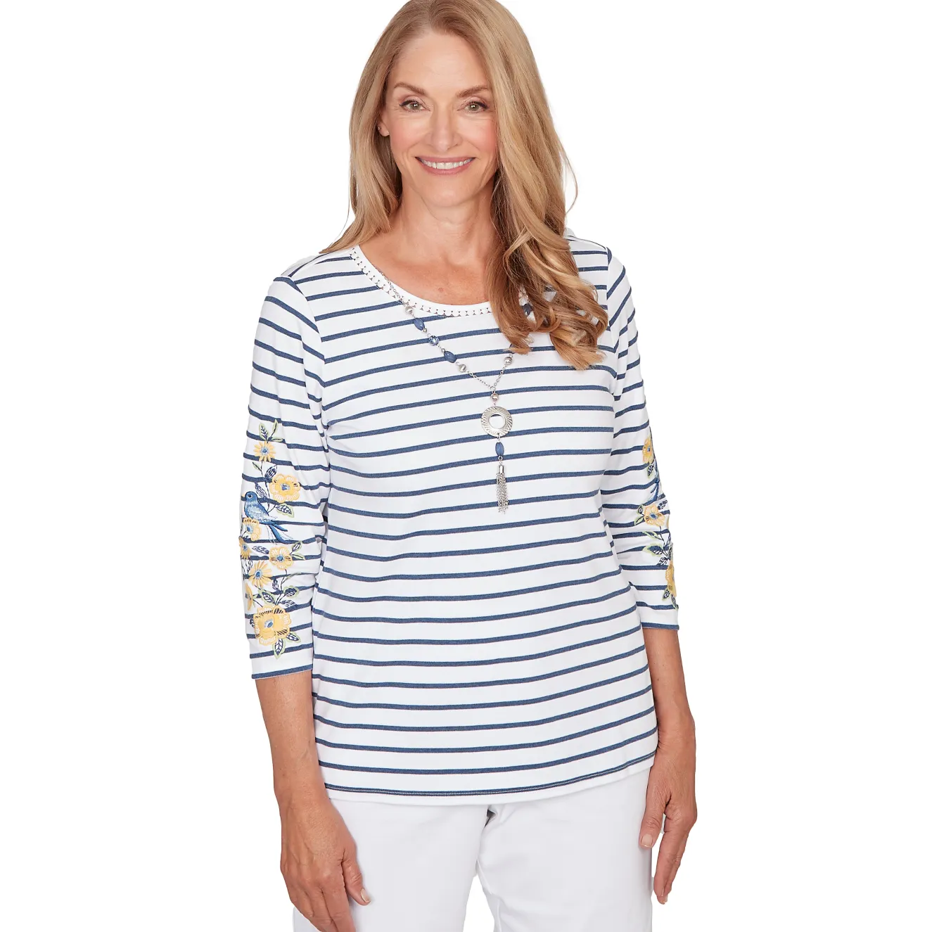 Alfred Dunner Floral Embroidered Stripe Top with Necklace, Petite