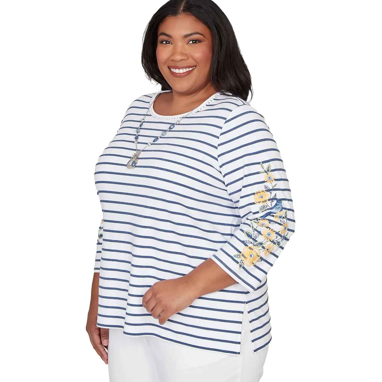 Alfred Dunner Floral Embroidered Stripe Top with Necklace, Plus