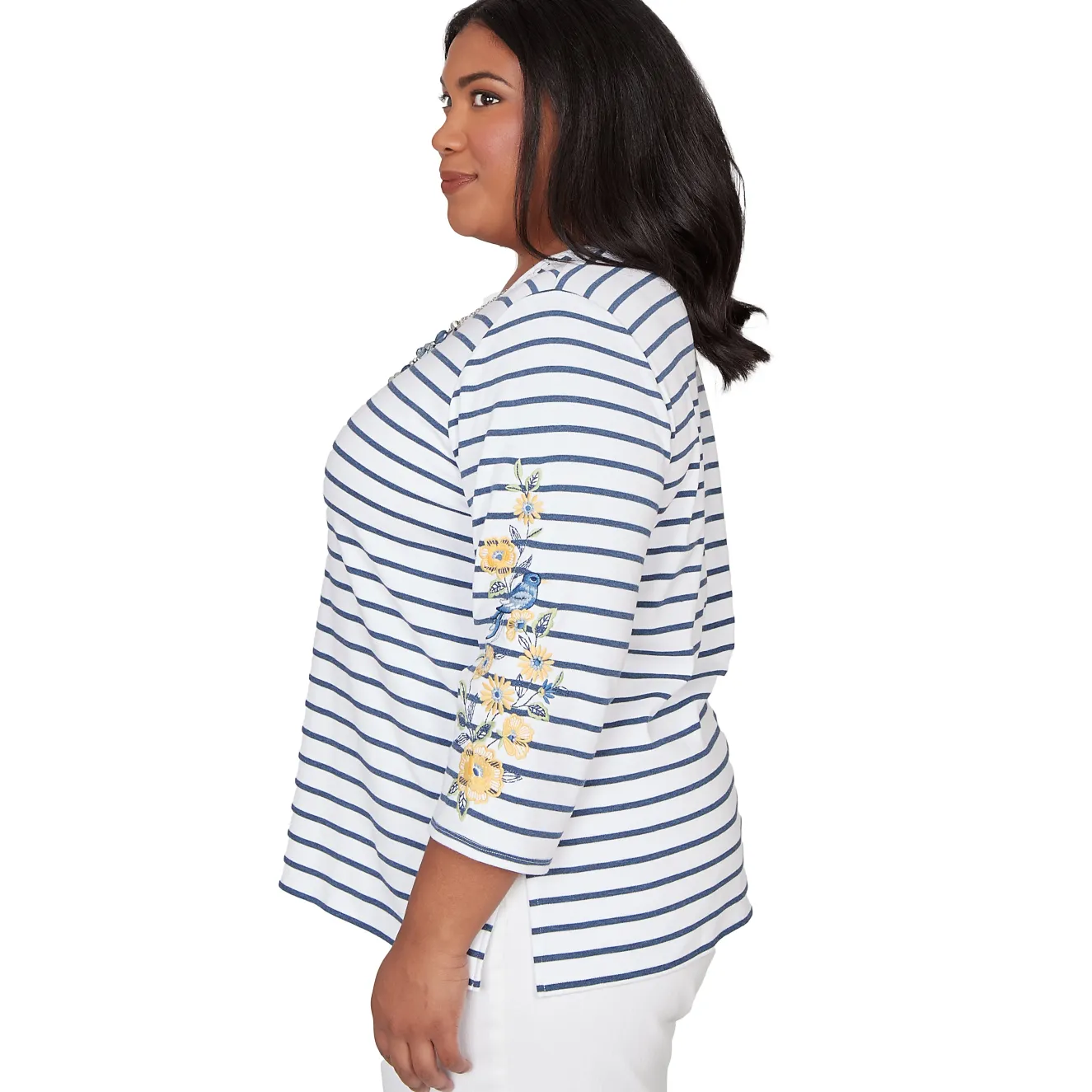 Alfred Dunner Floral Embroidered Stripe Top with Necklace, Plus