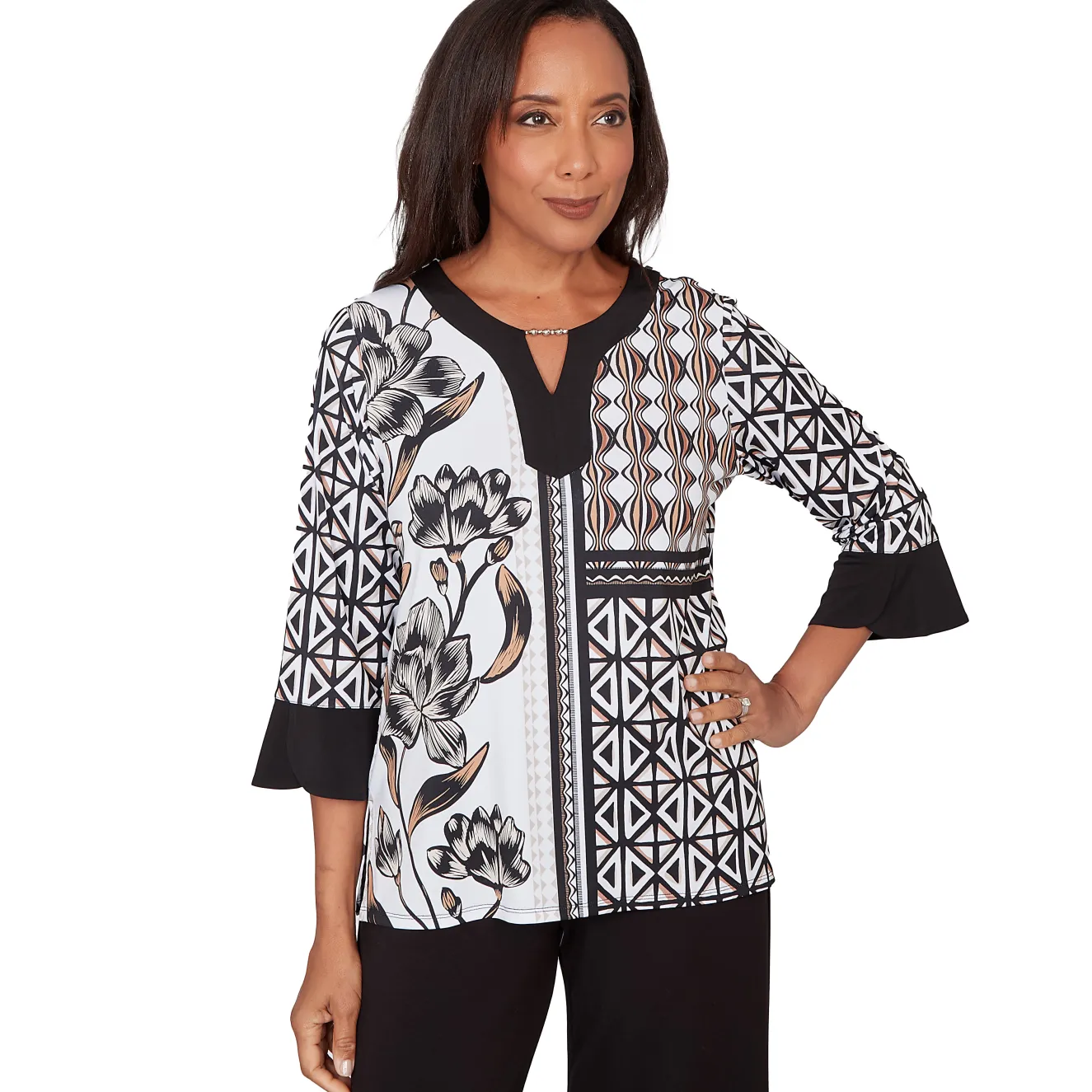 Alfred Dunner Floral Geo Patchwork Split Neck Top, Petite