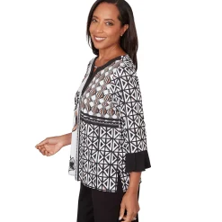 Alfred Dunner Floral Geo Patchwork Split Neck Top