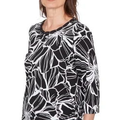Alfred Dunner Floral Linework Side Tie Ruched Top