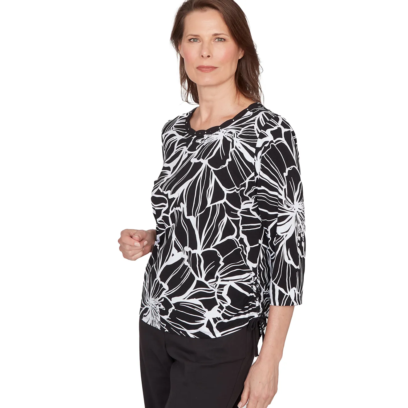 Alfred Dunner Floral Linework Side Tie Ruched Top