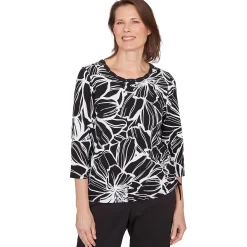 Alfred Dunner Floral Linework Side Tie Ruched Top