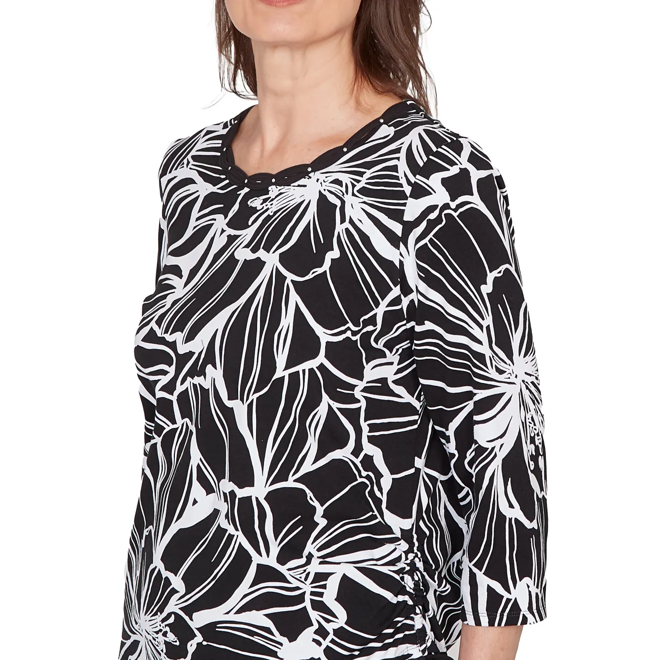 Alfred Dunner Floral Linework Side Tie Ruched Top, Petite
