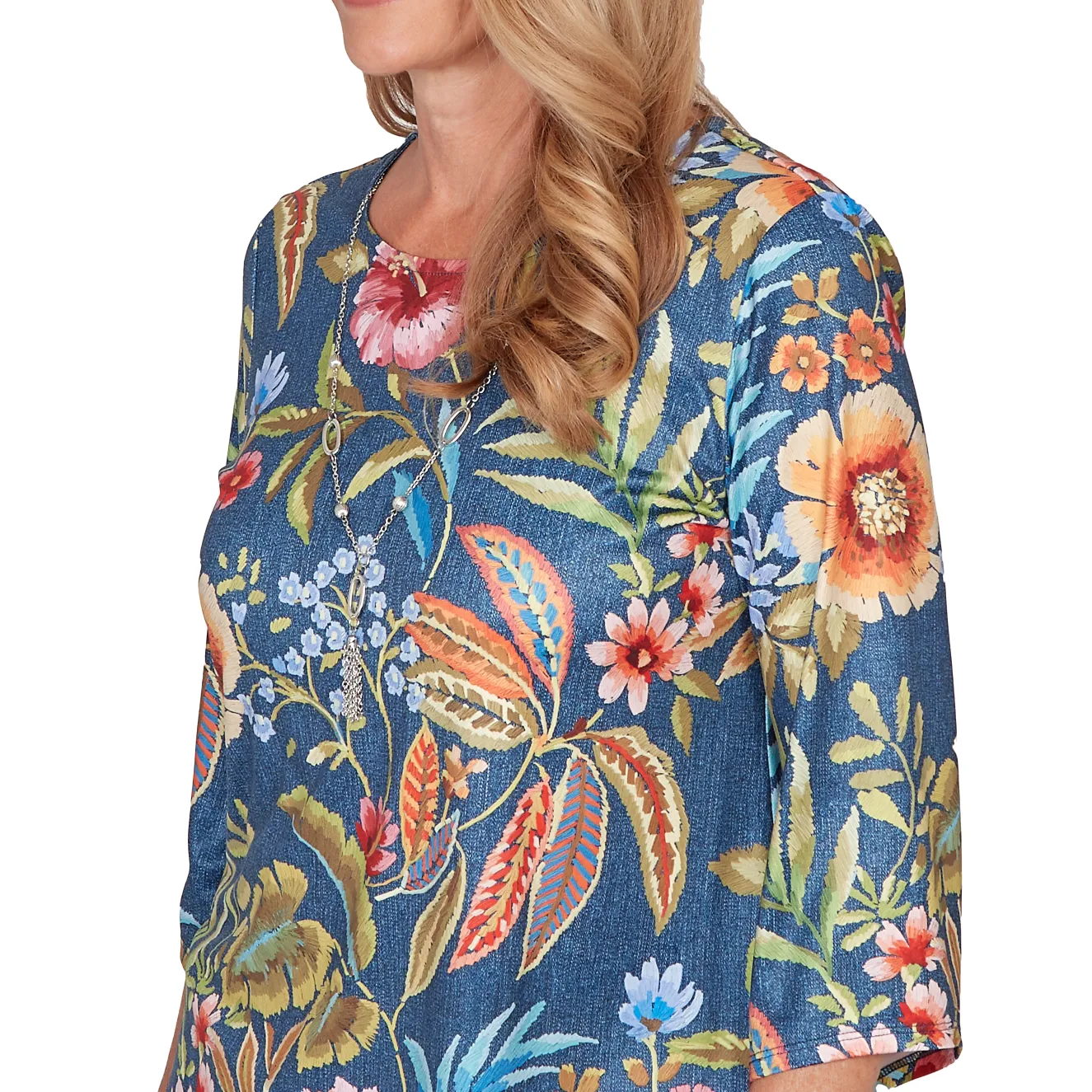 Alfred Dunner Floral Print Pointed Hem Top with Necklace, Petite