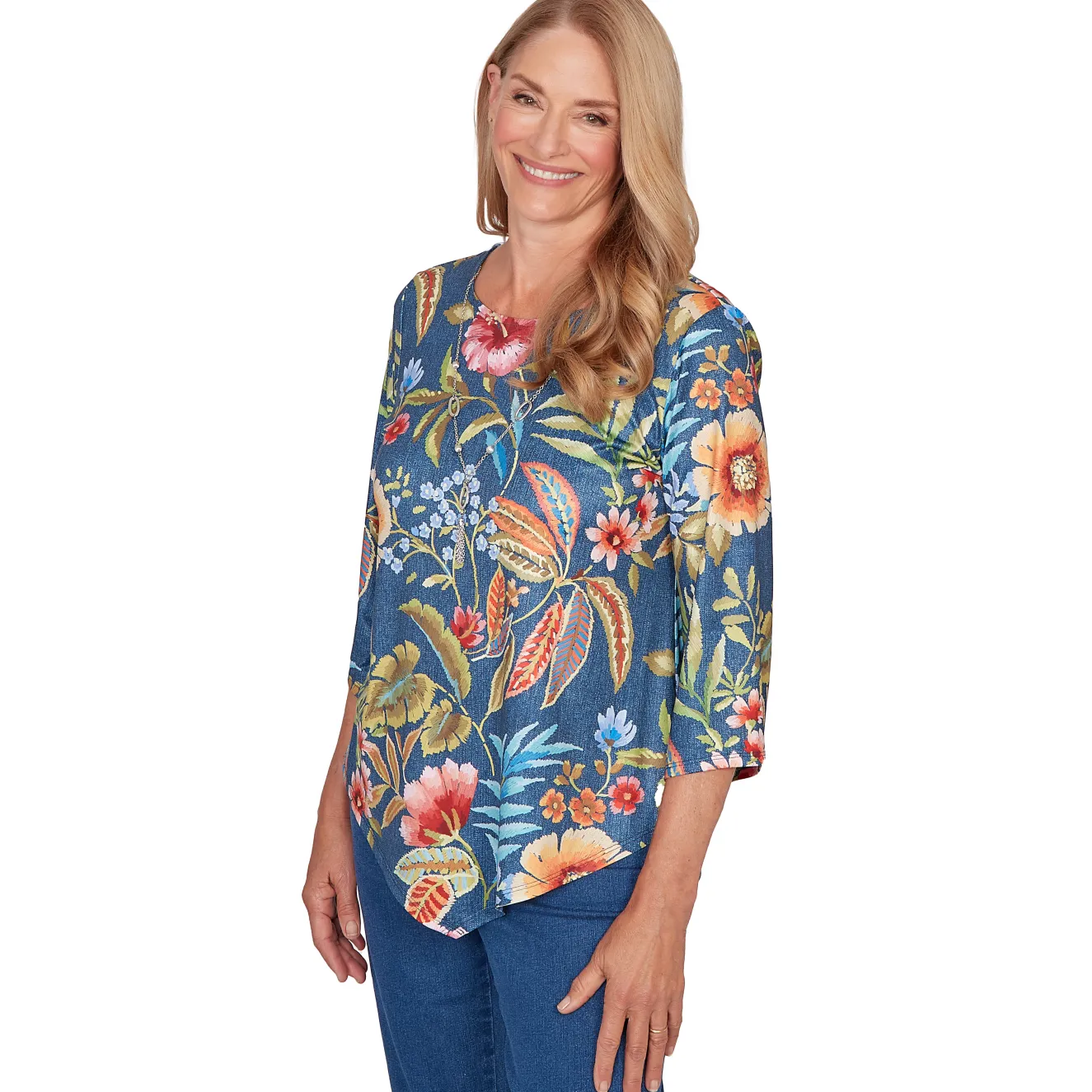 Alfred Dunner Floral Print Pointed Hem Top with Necklace, Petite