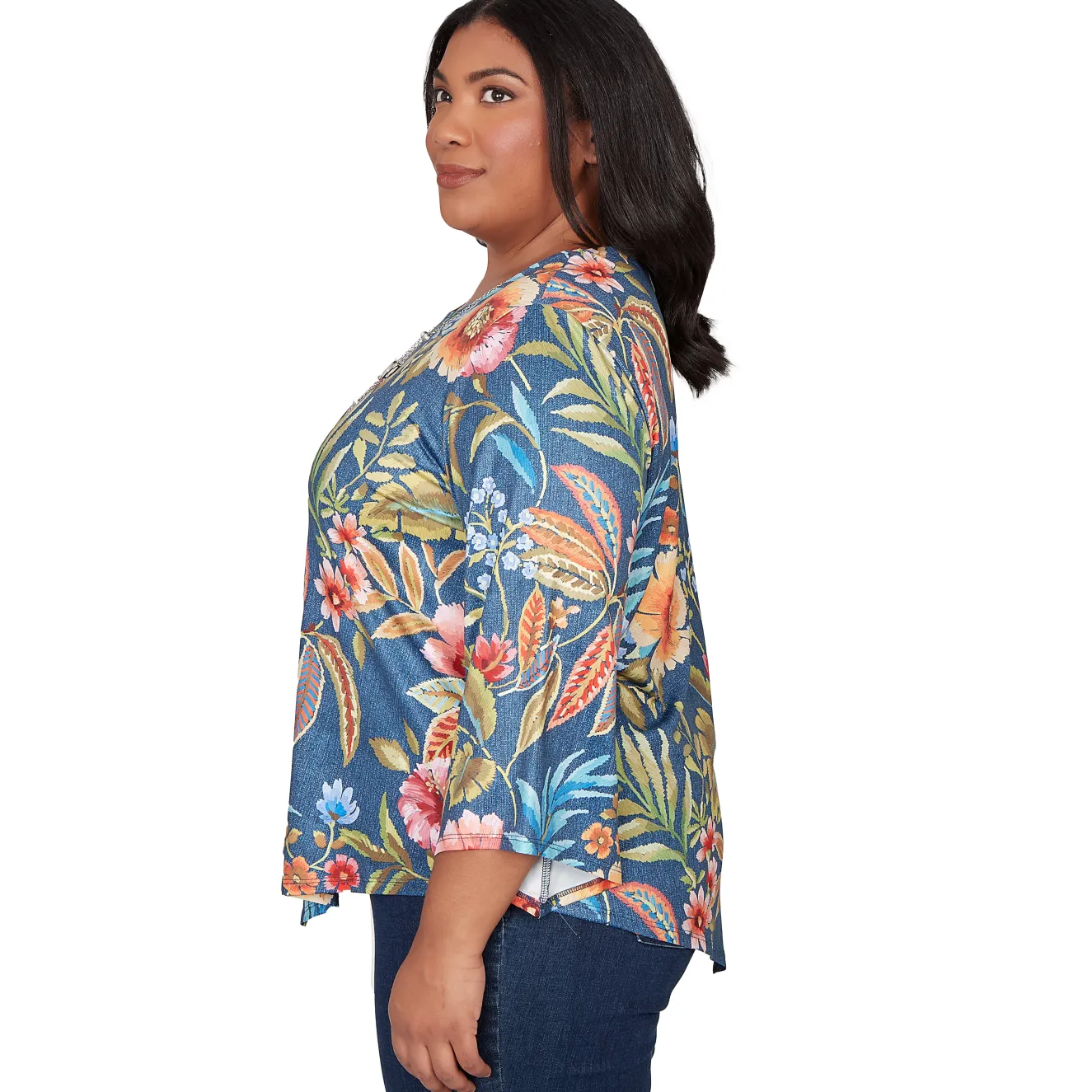 Alfred Dunner Floral Print Pointed Hem Top with Necklace, Plus