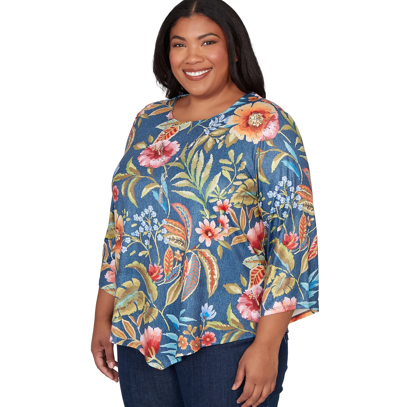Alfred Dunner Floral Print Pointed Hem Top with Necklace, Plus