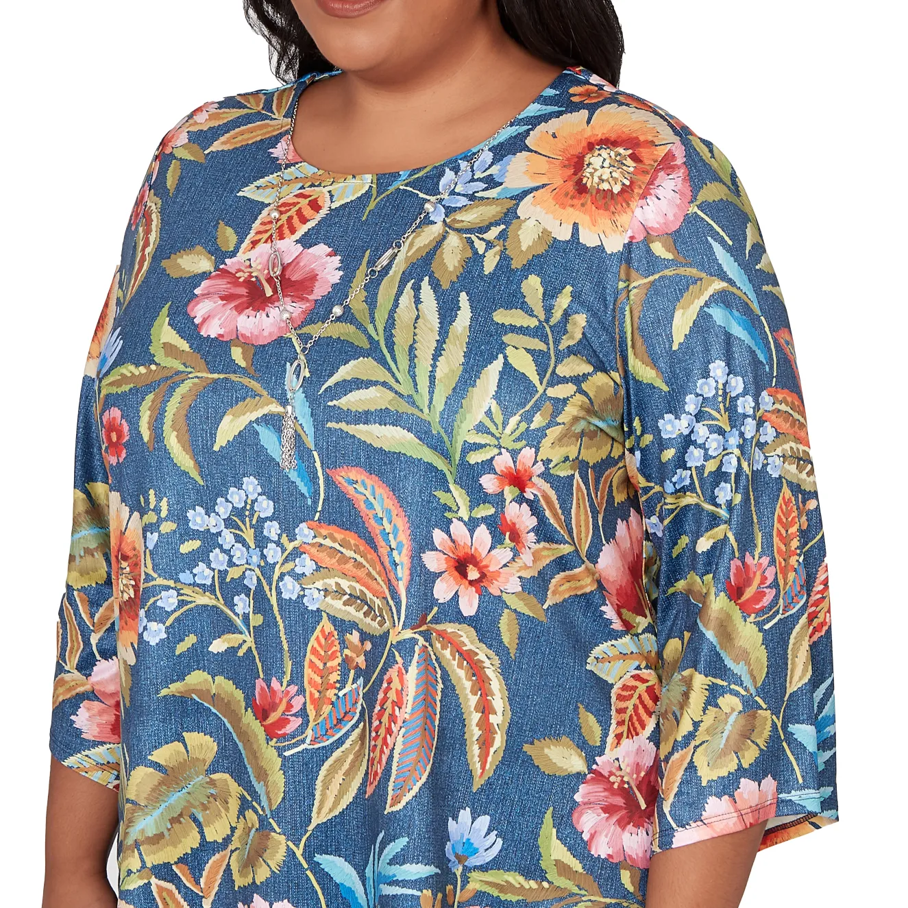 Alfred Dunner Floral Print Pointed Hem Top with Necklace, Plus