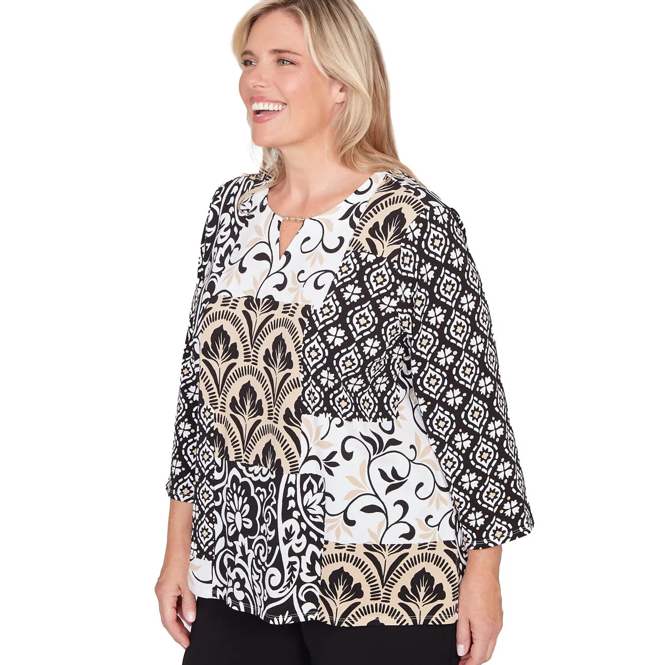 Alfred Dunner Geometric Scroll Patchwork Split Neck Top, Plus