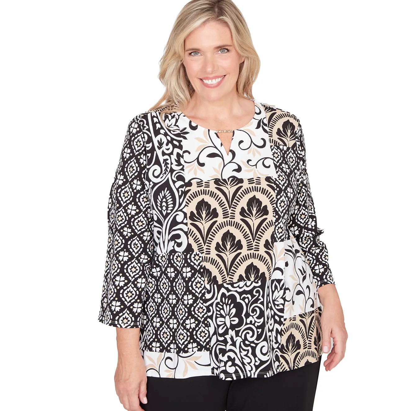 Alfred Dunner Geometric Scroll Patchwork Split Neck Top, Plus