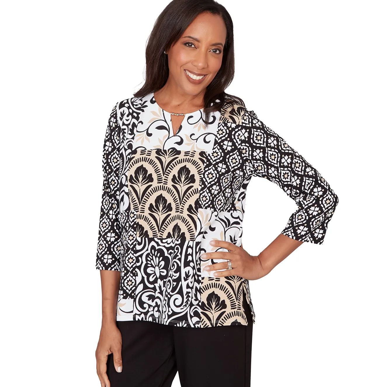 Alfred Dunner Geometric Scroll Patchwork Split Neck Top
