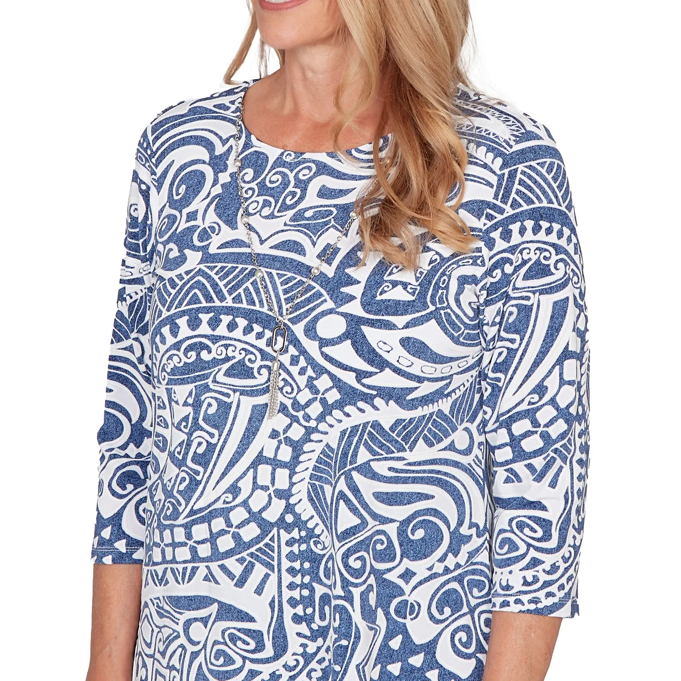 Alfred Dunner Paisley Swirl Sharkbite Hem Top with Necklace, Petite