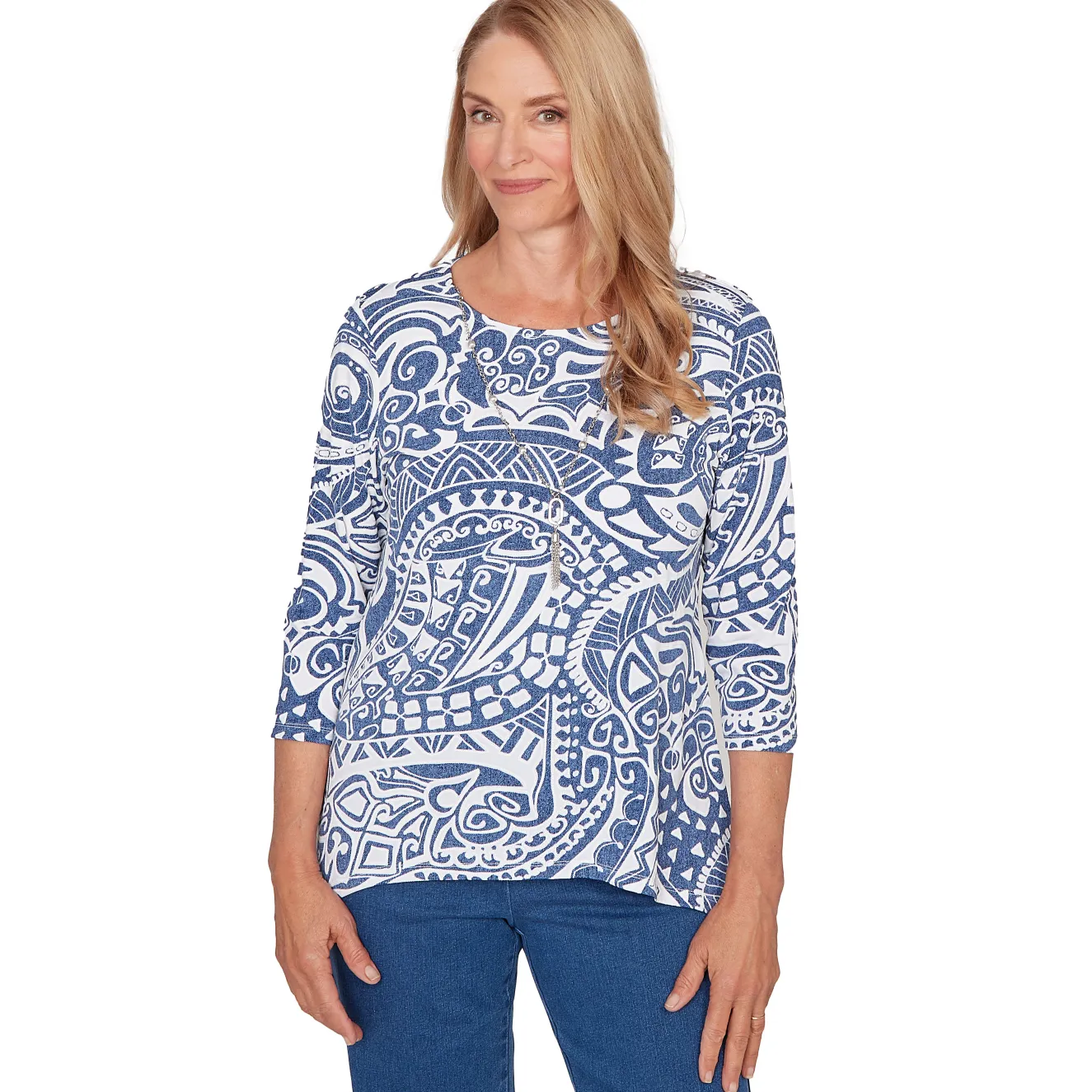 Alfred Dunner Paisley Swirl Sharkbite Hem Top with Necklace, Petite