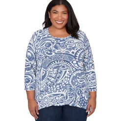 Alfred Dunner Paisley Swirl Sharkbite Hem Top with Necklace, Plus