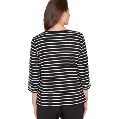 Alfred Dunner Pinstripe Embroidered Sleeve Top with Necklace, Petite