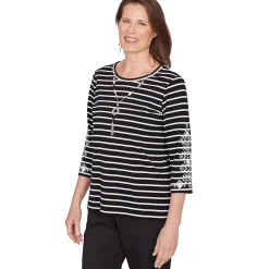 Alfred Dunner Pinstripe Embroidered Sleeve Top with Necklace