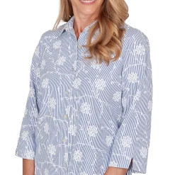 Alfred Dunner Puff Print Pinstripe Embroidered Button Down Top, Petite