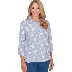 Alfred Dunner Puff Print Pinstripe Embroidered Button Down Top