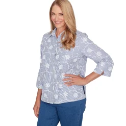 Alfred Dunner Puff Print Pinstripe Embroidered Button Down Top