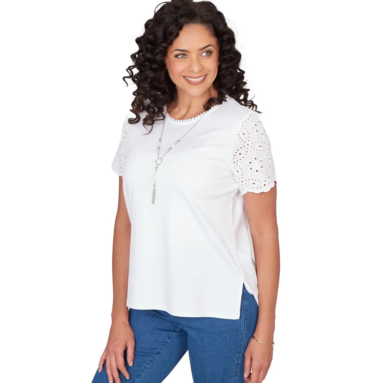 Alfred Dunner Solid Eyelet Sleeve Tee with Necklace