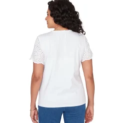 Alfred Dunner Solid Eyelet Sleeve Tee with Necklace
