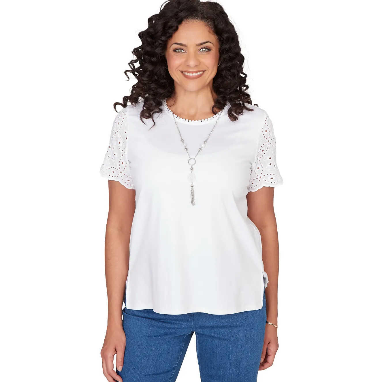 Alfred Dunner Solid Eyelet Sleeve Tee with Necklace
