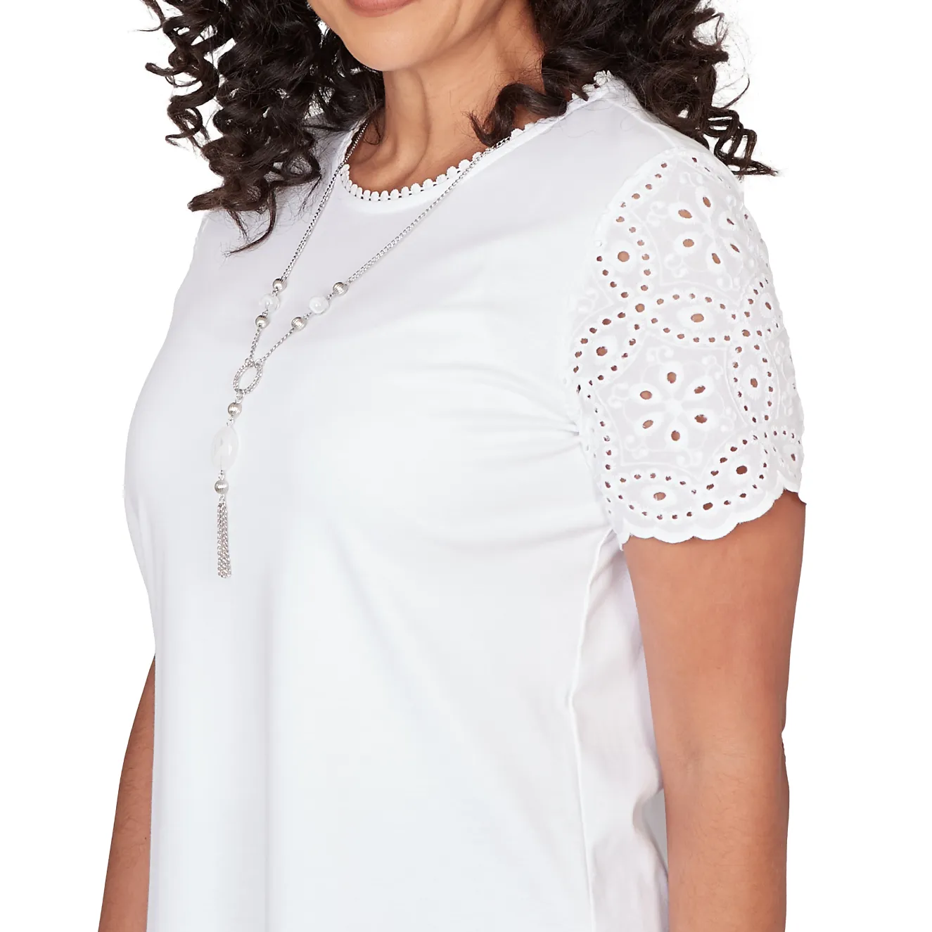 Alfred Dunner Solid Eyelet Sleeve Tee with Necklace
