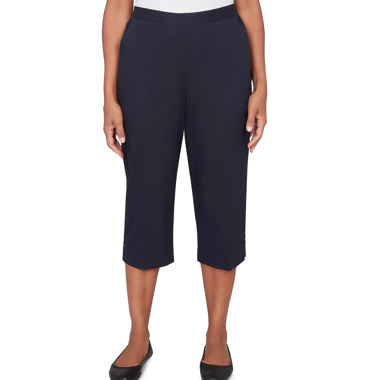 Alfred Dunner Solid Twill Button Hem Capri Pant- Petite