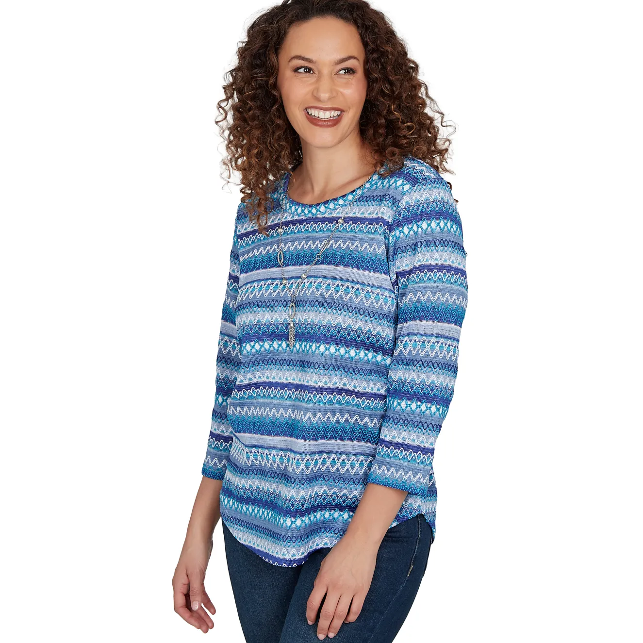 Alfred Dunner Textured Stripe Knit Top with Necklace - Blue