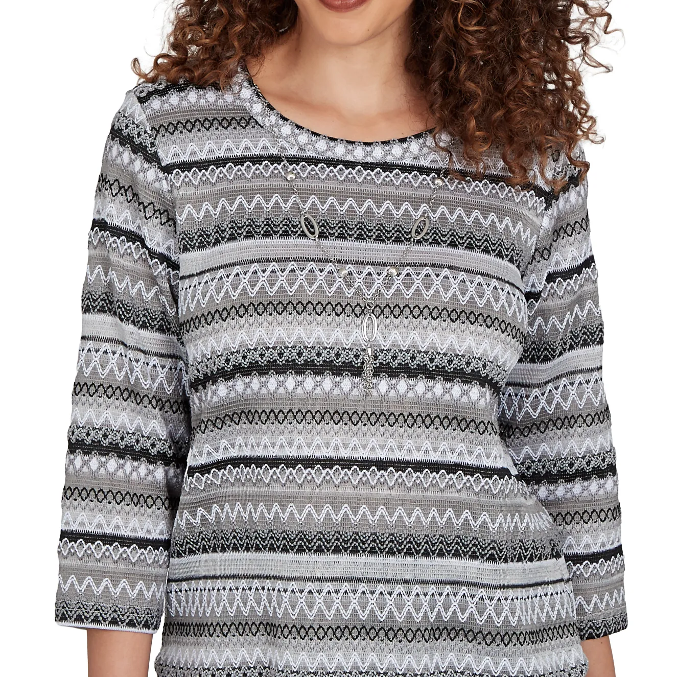Alfred Dunner Textured Stripe Knit Top with Necklace - Grey
