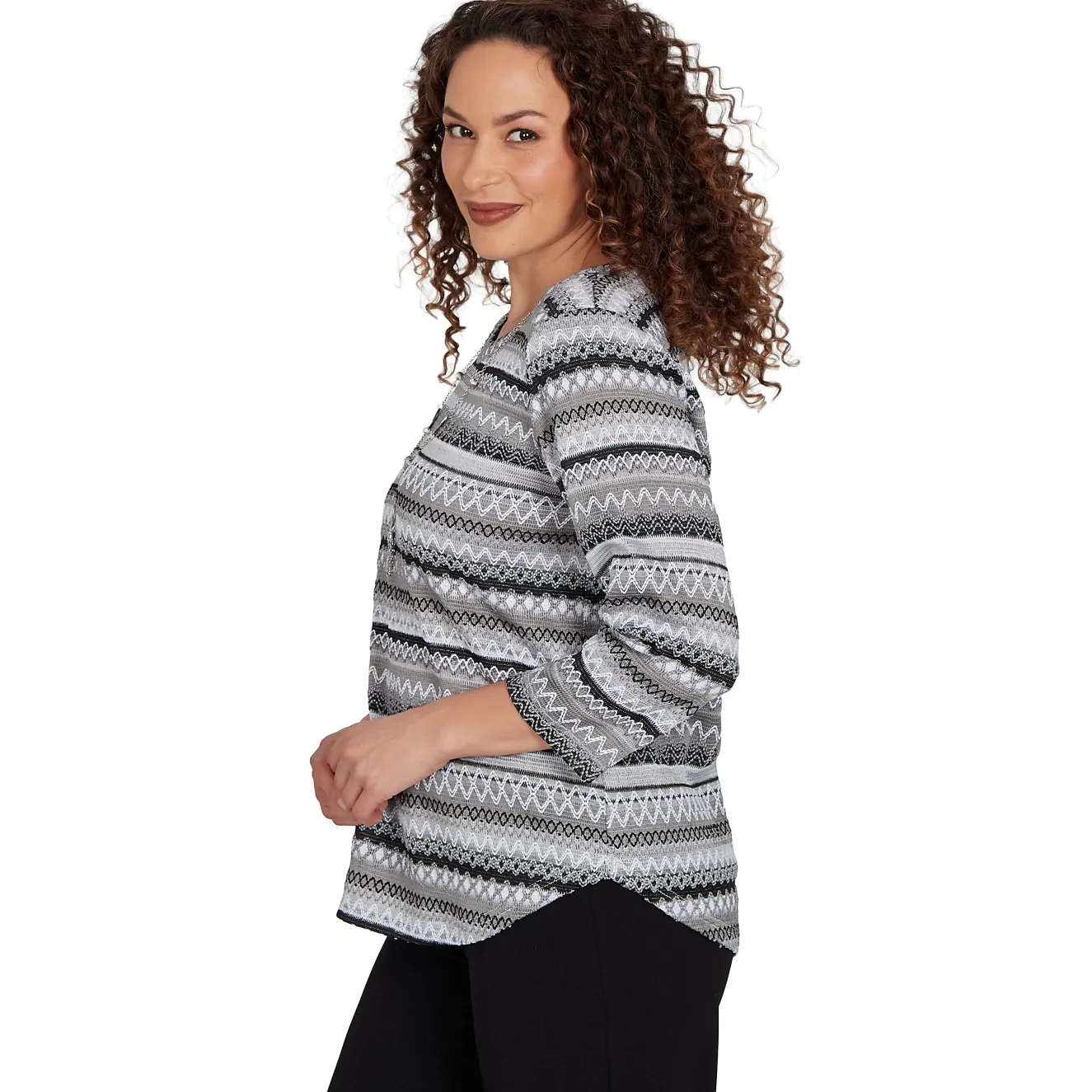 Alfred Dunner Textured Stripe Knit Top with Necklace - Grey