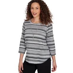 Alfred Dunner Textured Stripe Knit Top with Necklace - Grey