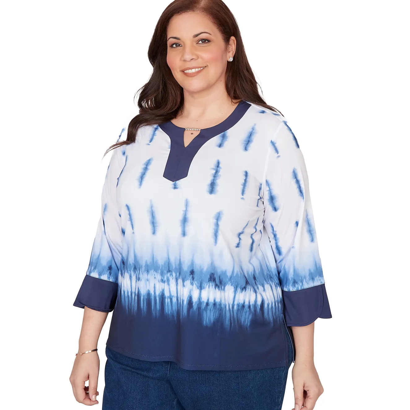 Alfred Dunner Tie Dye Border Split Neck Top, Plus