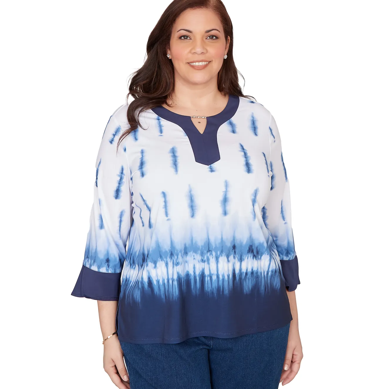 Alfred Dunner Tie Dye Border Split Neck Top, Plus