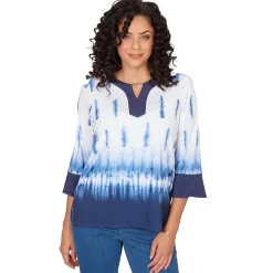 Alfred Dunner Tie Dye Border Split Neck Top