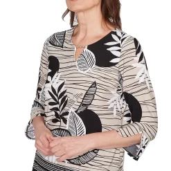 Alfred Dunner Tropical Leaf Border Print Split Neck Top, Petite