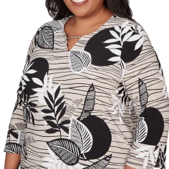 Alfred Dunner Tropical Leaf Border Print Split Neck Top, Plus