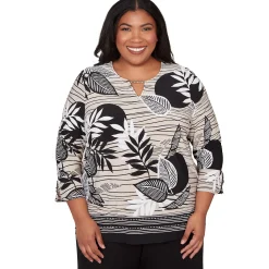 Alfred Dunner Tropical Leaf Border Print Split Neck Top, Plus