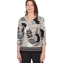Alfred Dunner Tropical Leaf Border Print Split Neck Top