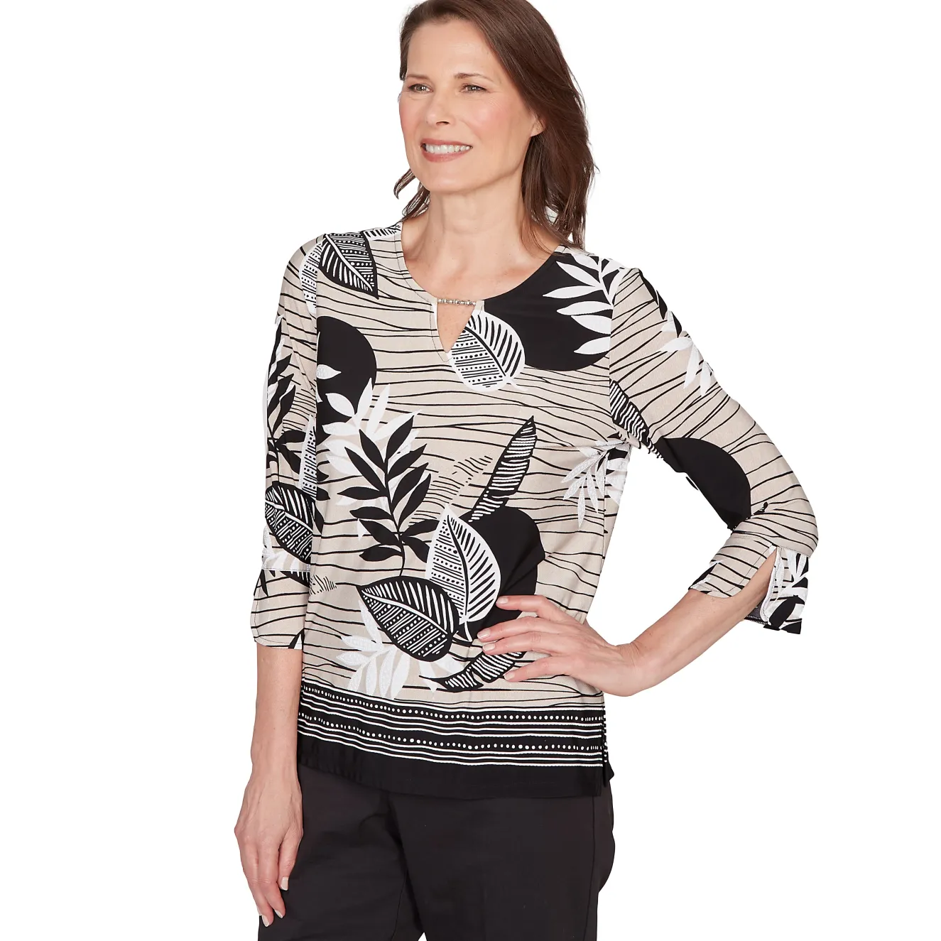 Alfred Dunner Tropical Leaf Border Print Split Neck Top