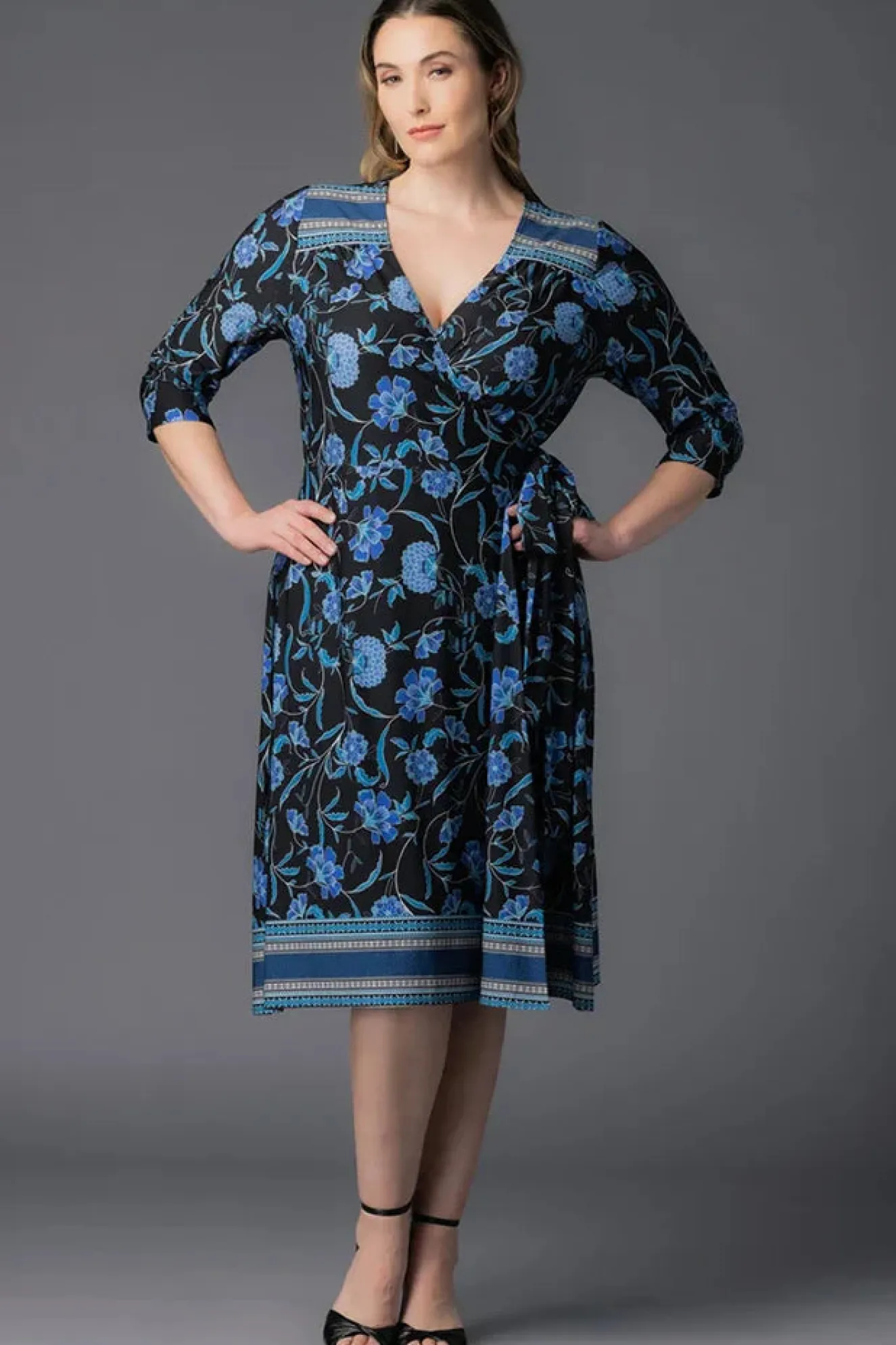 Beguiling Border Print Wrap Dress - Black - Plus