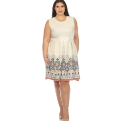 Beige Border Print Fit and Flare Knee Length Dress - Plus
