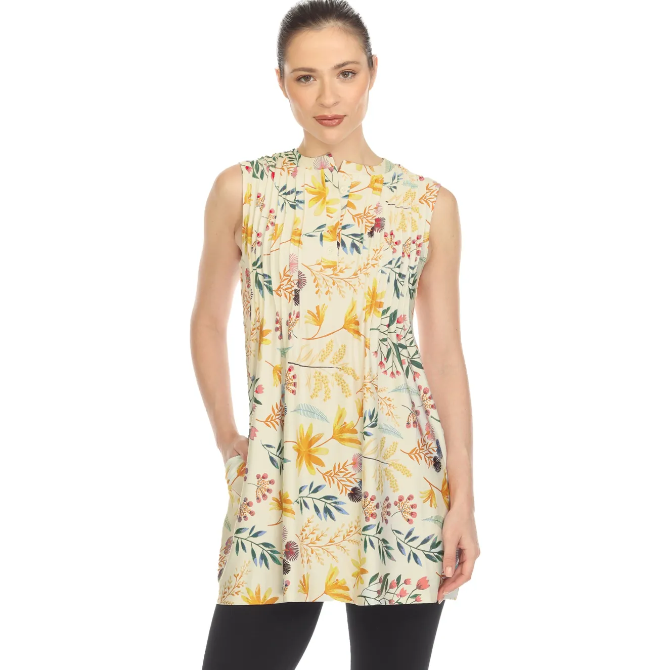 Beige Floral Sleeveless Tunic Top
