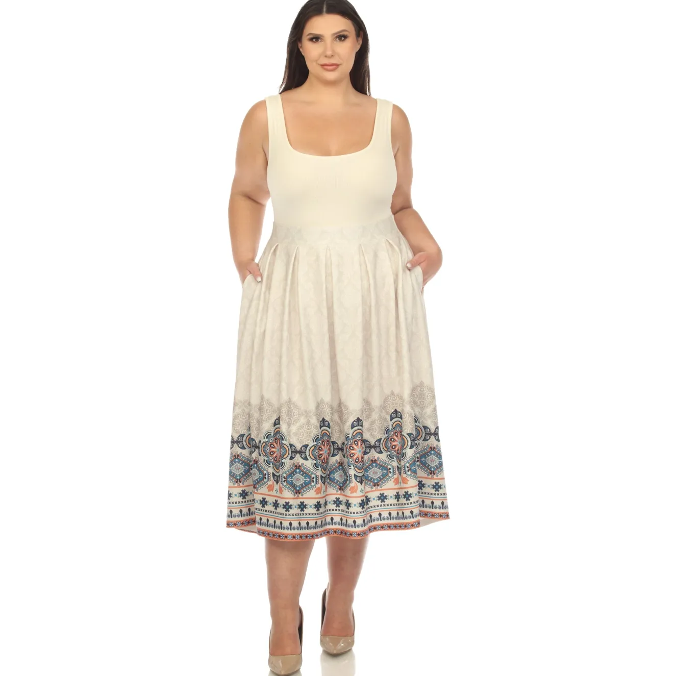 Beige Pleated Skirt with Border Prints - Plus